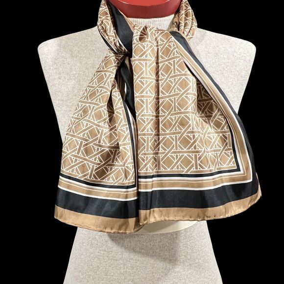 Vintage Geometric Brown Cream & Black Scarf Glentex 100% Polyester Made In Japan - Picture 1 of 7